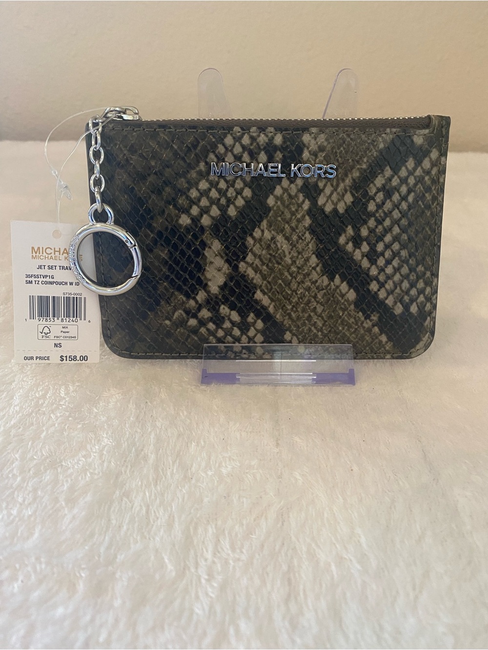 Michael Kors Black & Gray Snake-Print Zip Card Holder with Key Ring